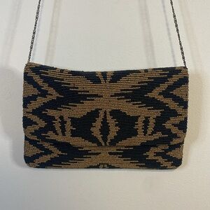 Boho Chic Beaded Purse Tan Black Metal Chain Strap Clutch Deco Southwestern